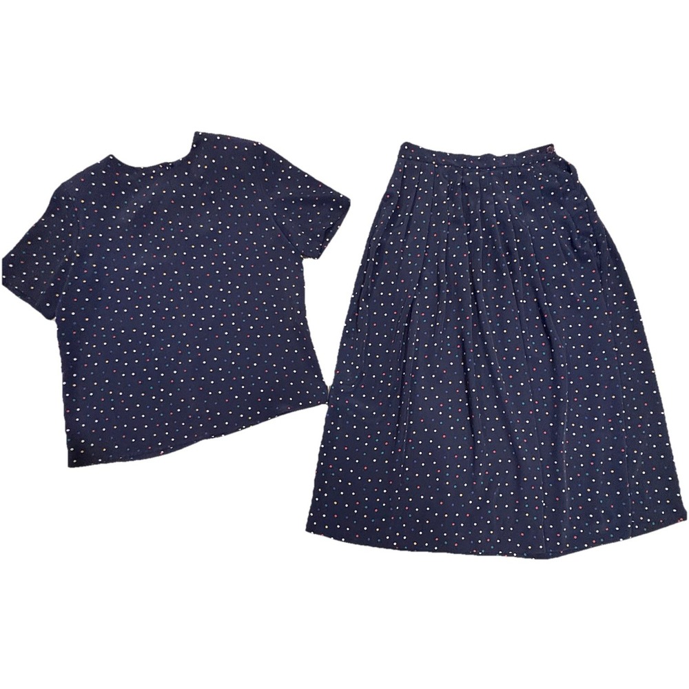 Talbots Vintage Skirt Set Navy Blue Polka Dots Women's Size 4P Top & 6P Skirt